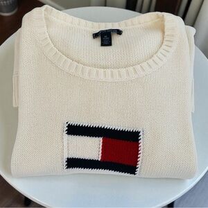 PLUS Tommy Hilfiger Light Cream Logo Red White Blue Flag Crochet‎ Sweater Sz XXL